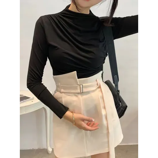 Pleated Solid Color Long Sleeves Skinny Mock Neck T-Shirts Tops Pleated Solid Color Long Sleeves Skinny Mock Neck T-Shirts Tops
