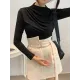 Pleated Solid Color Long Sleeves Skinny Mock Neck T-Shirts Tops Pleated Solid Color Long Sleeves Skinny Mock Neck T-Shirts Tops