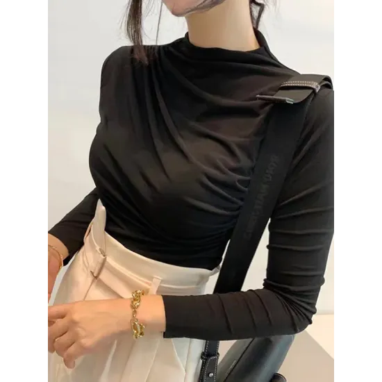 Pleated Solid Color Long Sleeves Skinny Mock Neck T-Shirts Tops Pleated Solid Color Long Sleeves Skinny Mock Neck T-Shirts Tops