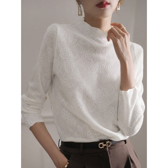 Hollow Jacquard Solid Color Long Sleeves T-Shirts Tops Knitwear Hollow Jacquard Solid Color Long Sleeves T-Shirts Tops Knitwear