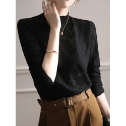 Hollow Jacquard Solid Color Long Sleeves T-Shirts Tops Knitwear