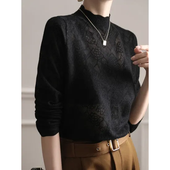 Hollow Jacquard Solid Color Long Sleeves T-Shirts Tops Knitwear Hollow Jacquard Solid Color Long Sleeves T-Shirts Tops Knitwear
