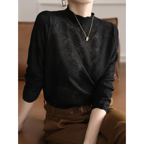 Hollow Jacquard Solid Color Long Sleeves T-Shirts Tops Knitwear Hollow Jacquard Solid Color Long Sleeves T-Shirts Tops Knitwear