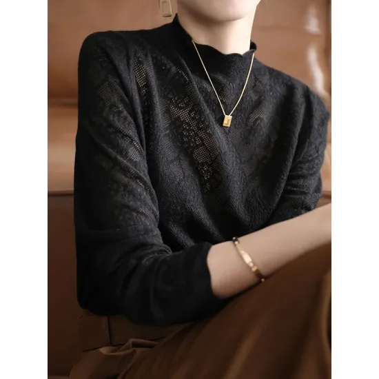 Hollow Jacquard Solid Color Long Sleeves T-Shirts Tops Knitwear Hollow Jacquard Solid Color Long Sleeves T-Shirts Tops Knitwear