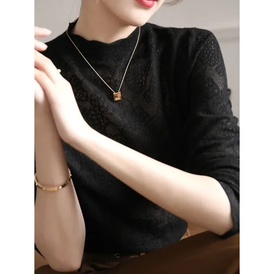 Hollow Jacquard Solid Color Long Sleeves T-Shirts Tops Knitwear Hollow Jacquard Solid Color Long Sleeves T-Shirts Tops Knitwear