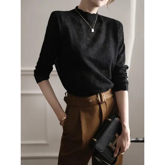 Hollow Jacquard Solid Color Long Sleeves T-Shirts Tops Knitwear Hollow Jacquard Solid Color Long Sleeves T-Shirts Tops Knitwear