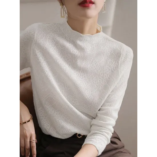 Hollow Jacquard Solid Color Long Sleeves T-Shirts Tops Knitwear Hollow Jacquard Solid Color Long Sleeves T-Shirts Tops Knitwear