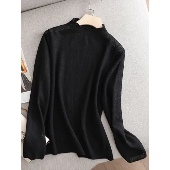 Hollow Jacquard Solid Color Long Sleeves T-Shirts Tops Knitwear Hollow Jacquard Solid Color Long Sleeves T-Shirts Tops Knitwear