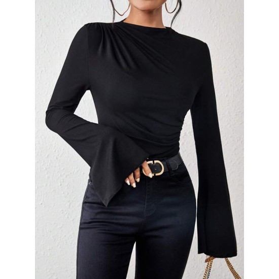 Flared Sleeves Long Sleeves Pleated Solid Color Boat Neck Skinny T-Shirts Flared Sleeves Long Sleeves Pleated Solid Color Boat Neck Skinny T-Shirts