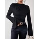 Flared Sleeves Long Sleeves Pleated Solid Color Boat Neck Skinny T-Shirts Flared Sleeves Long Sleeves Pleated Solid Color Boat Neck Skinny T-Shirts