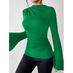 Flared Sleeves Long Sleeves Pleated Solid Color Boat Neck Skinny T-Shirts