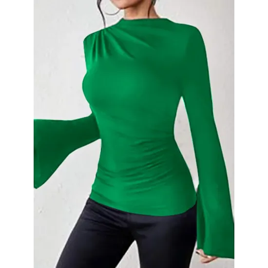 Flared Sleeves Long Sleeves Pleated Solid Color Boat Neck Skinny T-Shirts Flared Sleeves Long Sleeves Pleated Solid Color Boat Neck Skinny T-Shirts