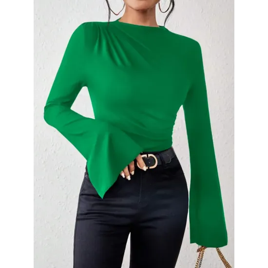 Flared Sleeves Long Sleeves Pleated Solid Color Boat Neck Skinny T-Shirts Flared Sleeves Long Sleeves Pleated Solid Color Boat Neck Skinny T-Shirts