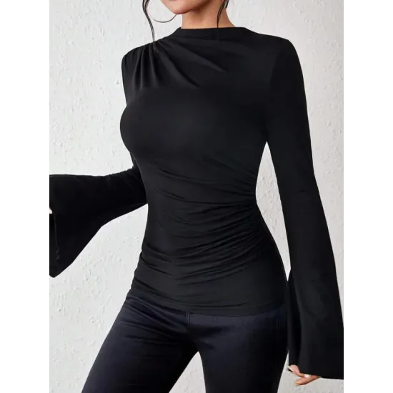 Flared Sleeves Long Sleeves Pleated Solid Color Boat Neck Skinny T-Shirts Flared Sleeves Long Sleeves Pleated Solid Color Boat Neck Skinny T-Shirts