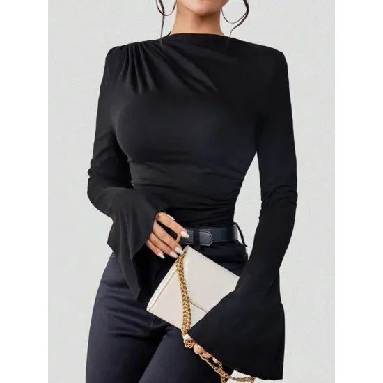 Flared Sleeves Long Sleeves Pleated Solid Color Boat Neck Skinny T-Shirts Flared Sleeves Long Sleeves Pleated Solid Color Boat Neck Skinny T-Shirts