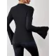 Flared Sleeves Long Sleeves Pleated Solid Color Boat Neck Skinny T-Shirts Flared Sleeves Long Sleeves Pleated Solid Color Boat Neck Skinny T-Shirts