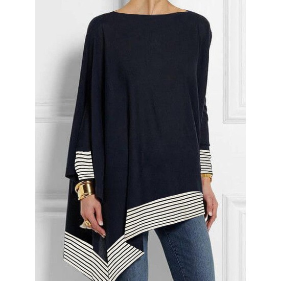 Batwing Sleeves Long Sleeves Split-Joint Striped Round-Neck T-Shirts Batwing Sleeves Long Sleeves Split-Joint Striped Round-Neck T-Shirts