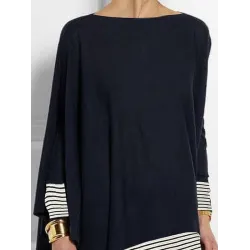 Batwing Sleeves Long Sleeves Split-Joint Striped Round-Neck T-Shirts