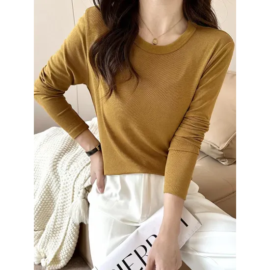 Solid Color Long Sleeves Round-neck Skinny T-Shirts Tops Solid Color Long Sleeves Round-neck Skinny T-Shirts Tops