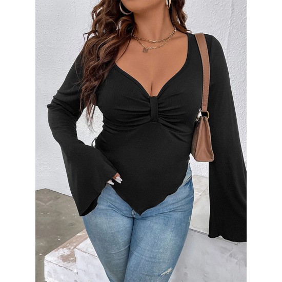 Pleated Solid Color Flared Sleeves Long Sleeves Deep V-Neck T-Shirts Tops Pleated Solid Color Flared Sleeves Long Sleeves Deep V-Neck T-Shirts Tops