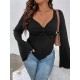 Pleated Solid Color Flared Sleeves Long Sleeves Deep V-Neck T-Shirts Tops Pleated Solid Color Flared Sleeves Long Sleeves Deep V-Neck T-Shirts Tops