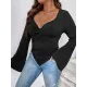 Pleated Solid Color Flared Sleeves Long Sleeves Deep V-Neck T-Shirts Tops Pleated Solid Color Flared Sleeves Long Sleeves Deep V-Neck T-Shirts Tops