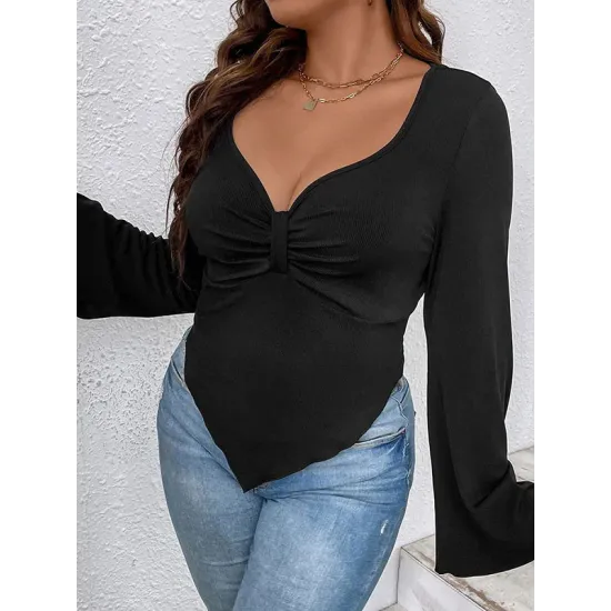 Pleated Solid Color Flared Sleeves Long Sleeves Deep V-Neck T-Shirts Tops Pleated Solid Color Flared Sleeves Long Sleeves Deep V-Neck T-Shirts Tops