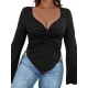 Pleated Solid Color Flared Sleeves Long Sleeves Deep V-Neck T-Shirts Tops Pleated Solid Color Flared Sleeves Long Sleeves Deep V-Neck T-Shirts Tops