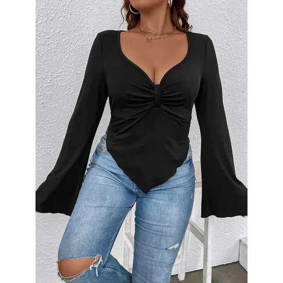 Pleated Solid Color Flared Sleeves Long Sleeves Deep V-Neck T-Shirts Tops Pleated Solid Color Flared Sleeves Long Sleeves Deep V-Neck T-Shirts Tops