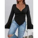 Pleated Solid Color Flared Sleeves Long Sleeves Deep V-Neck T-Shirts Tops Pleated Solid Color Flared Sleeves Long Sleeves Deep V-Neck T-Shirts Tops