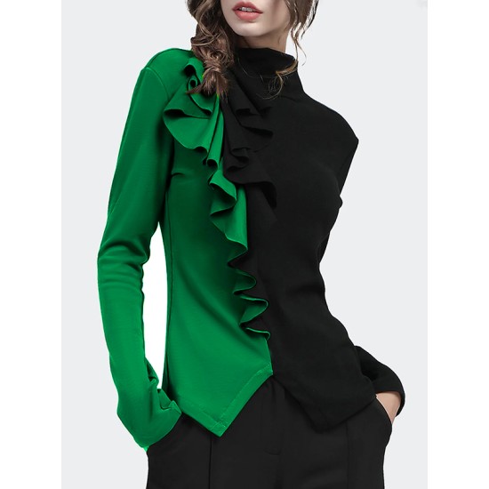 Long Sleeves Skinny Contrast Color Split-Front Split-Joint High-Neck T-Shirts Long Sleeves Skinny Contrast Color Split-Front Split-Joint High-Neck T-Shirts