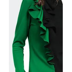 Long Sleeves Skinny Contrast Color Split-Front Split-Joint High-Neck T-Shirts