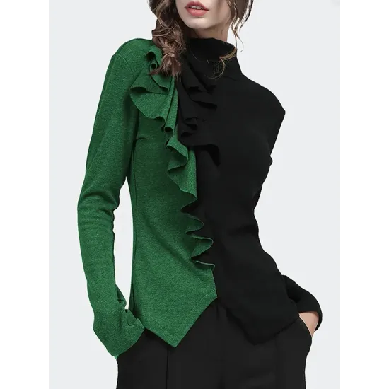 Long Sleeves Skinny Contrast Color Split-Front Split-Joint High-Neck T-Shirts Long Sleeves Skinny Contrast Color Split-Front Split-Joint High-Neck T-Shirts