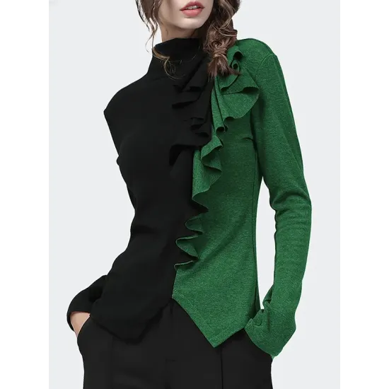 Long Sleeves Skinny Contrast Color Split-Front Split-Joint High-Neck T-Shirts Long Sleeves Skinny Contrast Color Split-Front Split-Joint High-Neck T-Shirts