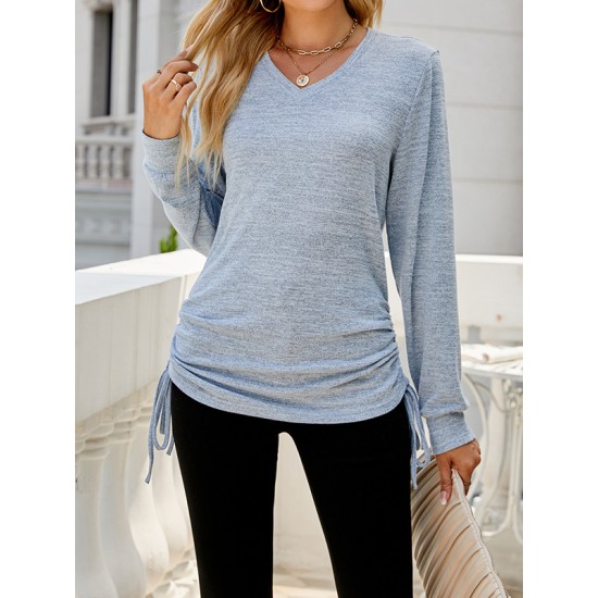 Drawstring Solid Color Tied Long Sleeves Loose V-Neck T-Shirts Tops Drawstring Solid Color Tied Long Sleeves Loose V-Neck T-Shirts Tops