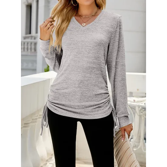 Drawstring Solid Color Tied Long Sleeves Loose V-Neck T-Shirts Tops Drawstring Solid Color Tied Long Sleeves Loose V-Neck T-Shirts Tops
