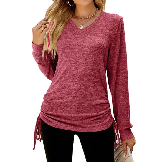 Drawstring Solid Color Tied Long Sleeves Loose V-Neck T-Shirts Tops Drawstring Solid Color Tied Long Sleeves Loose V-Neck T-Shirts Tops