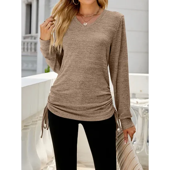 Drawstring Solid Color Tied Long Sleeves Loose V-Neck T-Shirts Tops Drawstring Solid Color Tied Long Sleeves Loose V-Neck T-Shirts Tops