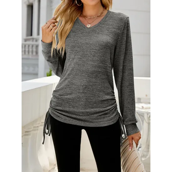 Drawstring Solid Color Tied Long Sleeves Loose V-Neck T-Shirts Tops Drawstring Solid Color Tied Long Sleeves Loose V-Neck T-Shirts Tops