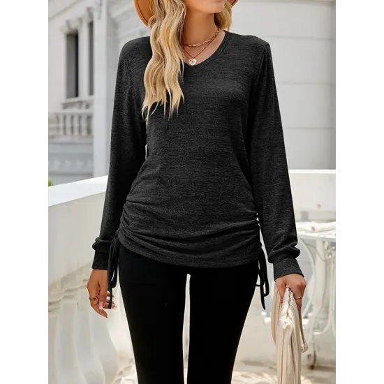 Drawstring Solid Color Tied Long Sleeves Loose V-Neck T-Shirts Tops Drawstring Solid Color Tied Long Sleeves Loose V-Neck T-Shirts Tops