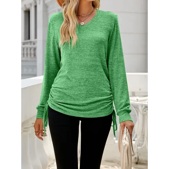 Drawstring Solid Color Tied Long Sleeves Loose V-Neck T-Shirts Tops Drawstring Solid Color Tied Long Sleeves Loose V-Neck T-Shirts Tops