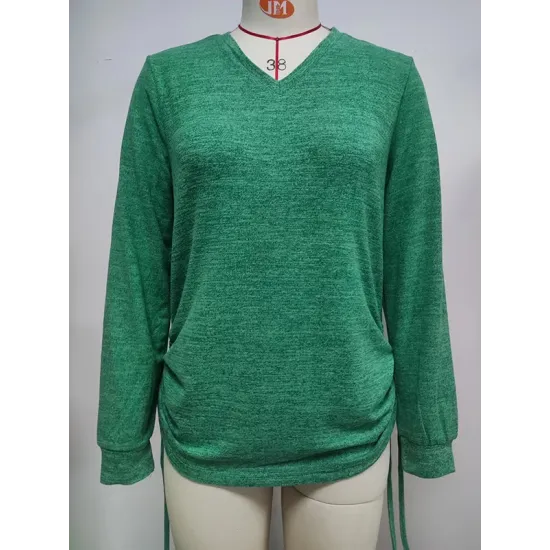 Drawstring Solid Color Tied Long Sleeves Loose V-Neck T-Shirts Tops Drawstring Solid Color Tied Long Sleeves Loose V-Neck T-Shirts Tops
