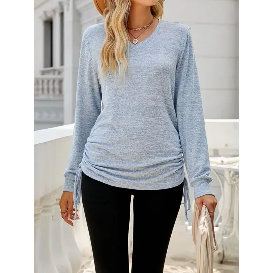Drawstring Solid Color Tied Long Sleeves Loose V-Neck T-Shirts Tops Drawstring Solid Color Tied Long Sleeves Loose V-Neck T-Shirts Tops