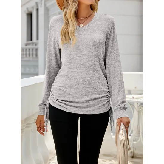Drawstring Solid Color Tied Long Sleeves Loose V-Neck T-Shirts Tops Drawstring Solid Color Tied Long Sleeves Loose V-Neck T-Shirts Tops