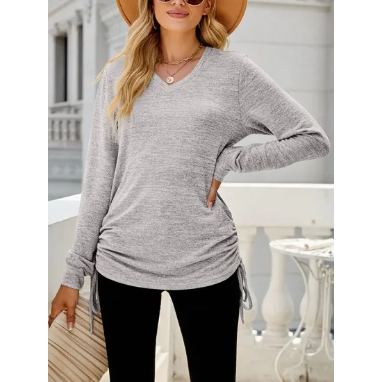 Drawstring Solid Color Tied Long Sleeves Loose V-Neck T-Shirts Tops Drawstring Solid Color Tied Long Sleeves Loose V-Neck T-Shirts Tops