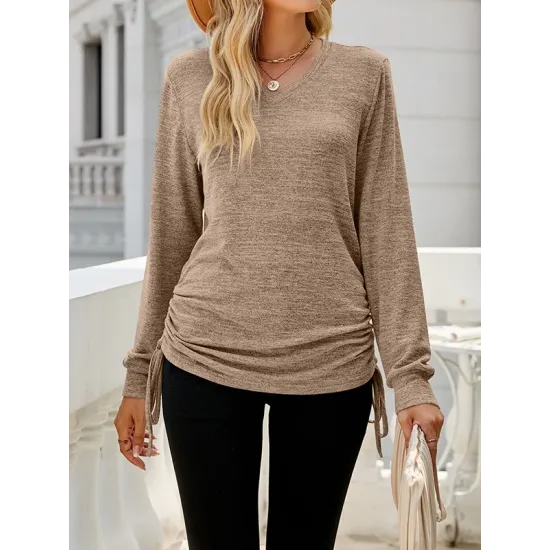 Drawstring Solid Color Tied Long Sleeves Loose V-Neck T-Shirts Tops Drawstring Solid Color Tied Long Sleeves Loose V-Neck T-Shirts Tops