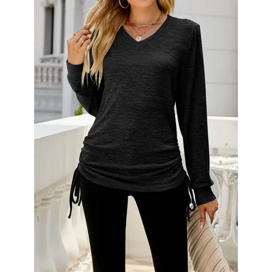Drawstring Solid Color Tied Long Sleeves Loose V-Neck T-Shirts Tops Drawstring Solid Color Tied Long Sleeves Loose V-Neck T-Shirts Tops