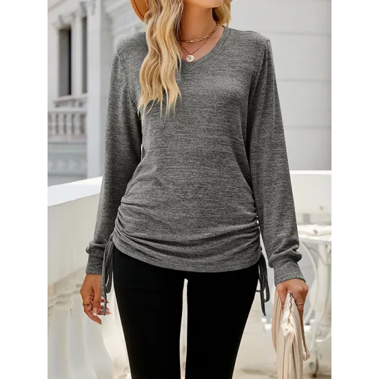 Drawstring Solid Color Tied Long Sleeves Loose V-Neck T-Shirts Tops Drawstring Solid Color Tied Long Sleeves Loose V-Neck T-Shirts Tops