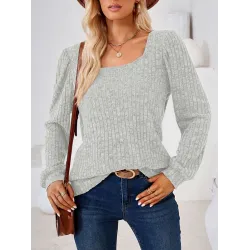 Solid Color Long Sleeves Loose Square-Neck T-Shirts Tops