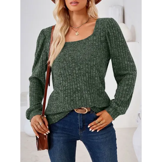 Solid Color Long Sleeves Loose Square-Neck T-Shirts Tops Solid Color Long Sleeves Loose Square-Neck T-Shirts Tops